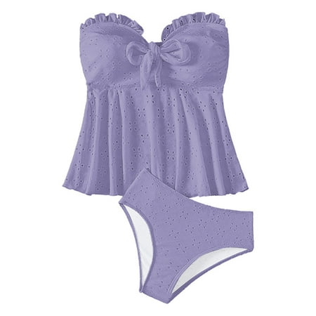 Arnsht Women s Two Piece Tankini Swimsuits Ruffle Trim Hollow Strapless Tube Top with Bikini Strapless Bulit-in-Bra Bathing Suit Purple S