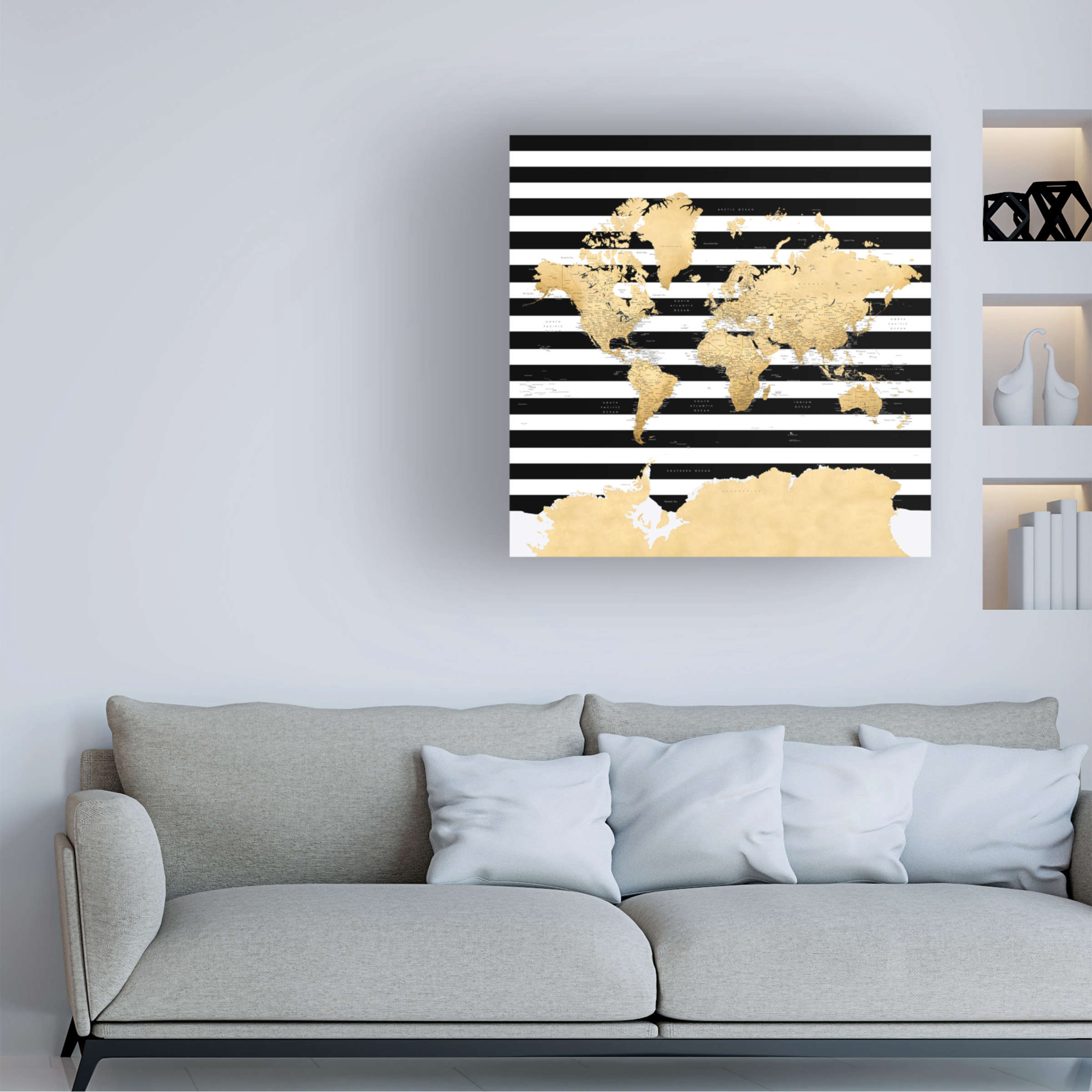 Canvas Wall Art - blursbyai 'Harper Detailed World Map With Stripes' Wall Art for Living Room, Bedroom, or Office DÃ©cor by Trademark Fine Art - 35 x 35 Inches