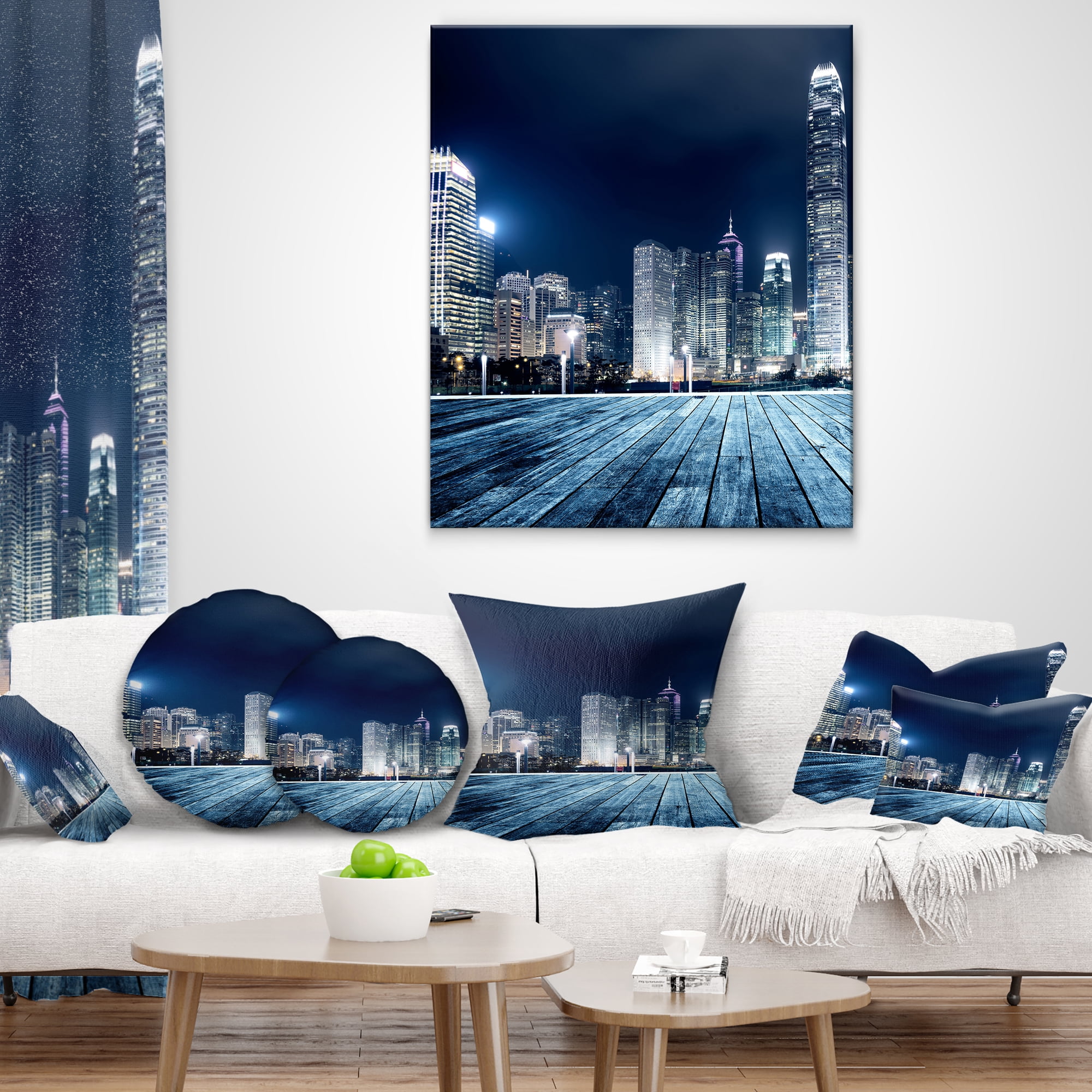 Designart Blue Hong Kong City Skyline - Cityscape Throw Pillow - 18x18