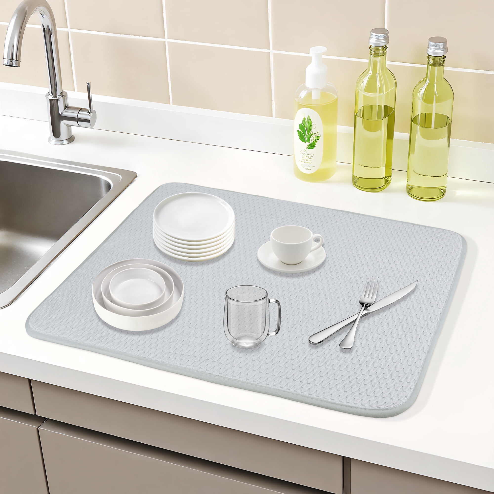 Unique Bargains Microfiber Kitchen Drying Mat with Lanyard Gray 23.6*17.7 inch