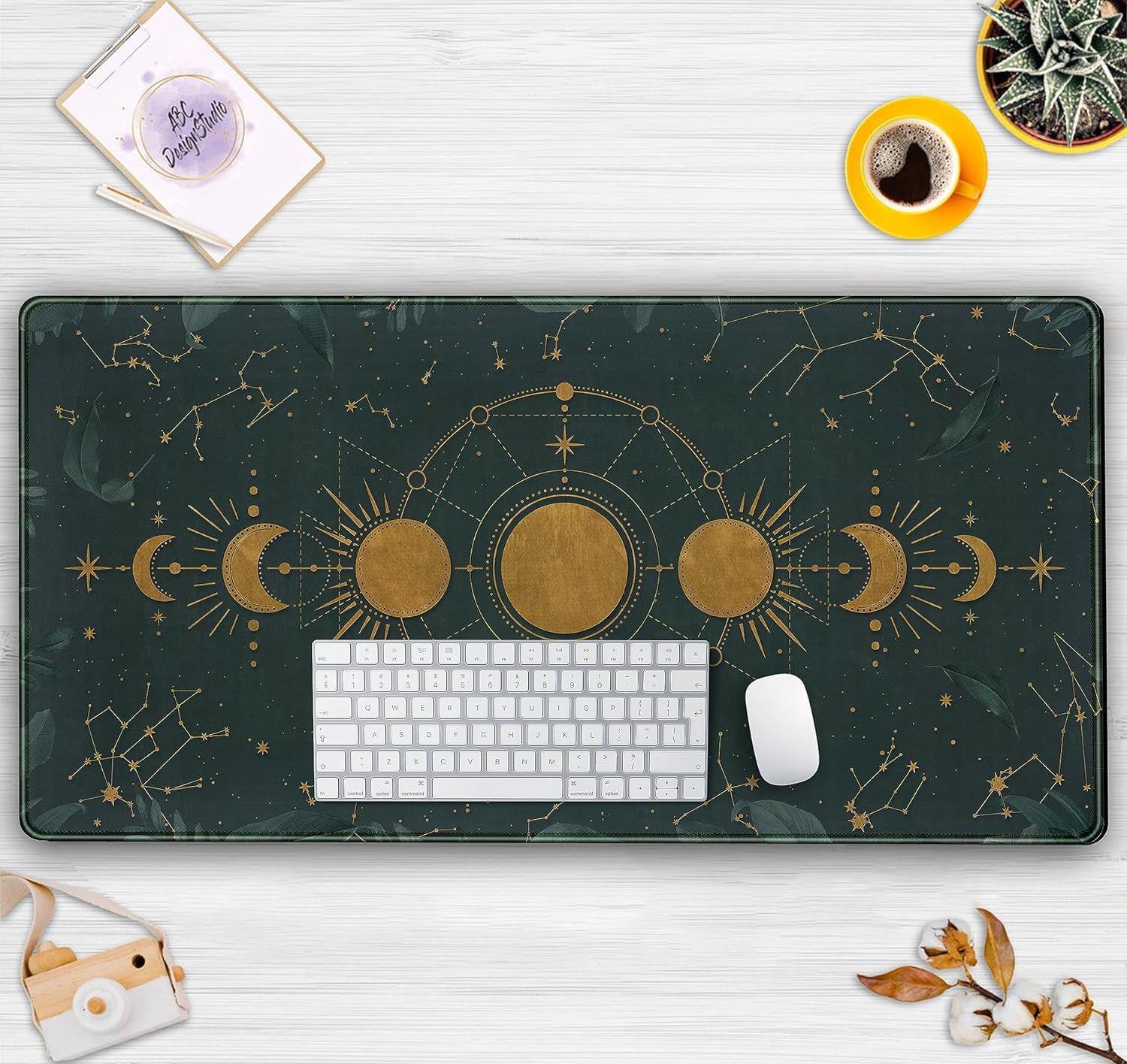 Mousepad Forest Green XXL Desk Mat Gold Moon Phases Large Extended Mouse Pad Gaming Laptop Keyboard and Mouse Mat Desk Pad, Non-Slip Rubber Base with Stitched Edges, 31.5x15.75 in