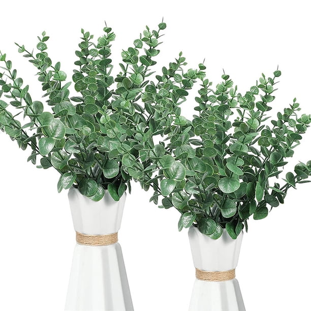 Xiao Hua 18 tallos de eucalipto artificiales, hojas de eucalipto, flores artificiales para el hogar, oficina, ramo de flores, centro de mesa, decoración de boda, decoración navideña, verde oscuro.