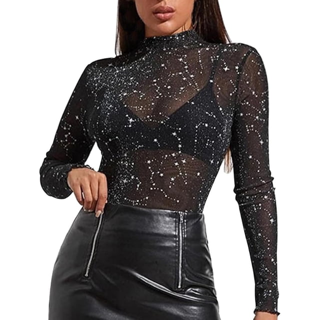Blusa transparente de manga larga con malla brillante para mujer: top sexy transparente, cuello redondo, lavado a mano