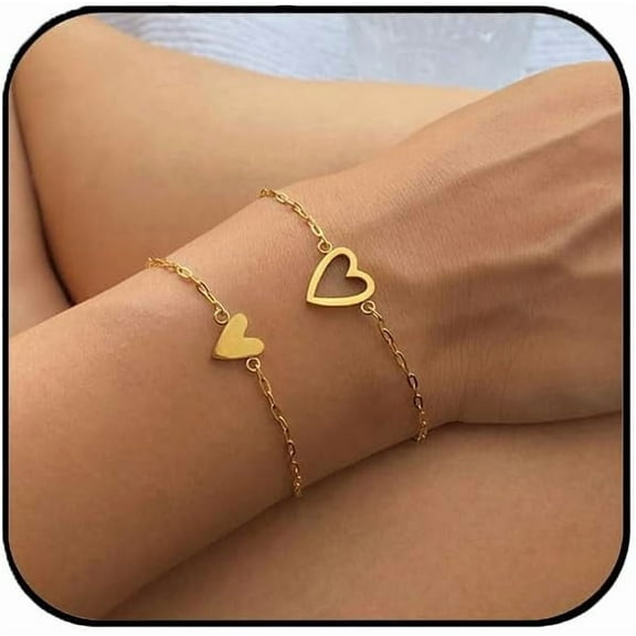 Love Heart Bracelet Set For Friendship Bracelet Love Two cute Bracelet Pack Charms Solitaire Bracelet For Women Friend(Gold)