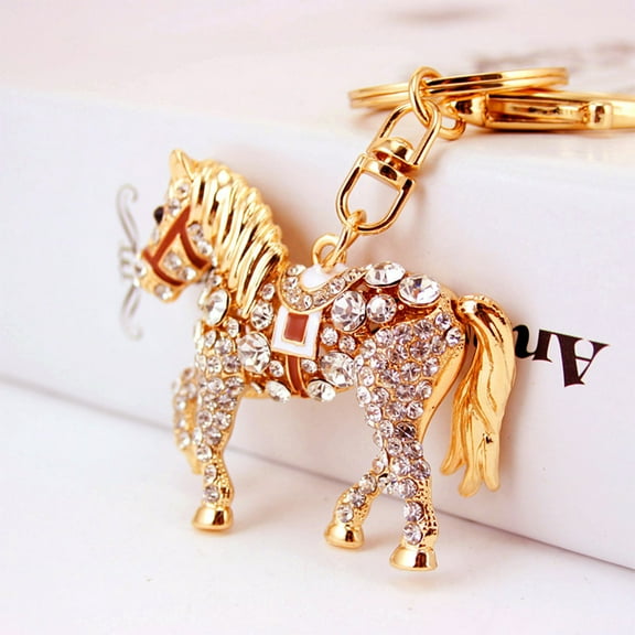 rygai Key Pendant Ethnic Style Glitter Decoration Zinc Alloy Inlaid Rhinestone Horse Keychain Toy Birthday Gift,Golden