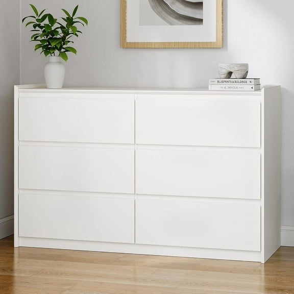 White Dresser for Bedroom, 47" Wide Chest of Drawers, Modern 6 Drawer Storage Organizer for Closet, Hallway, or Living Room
