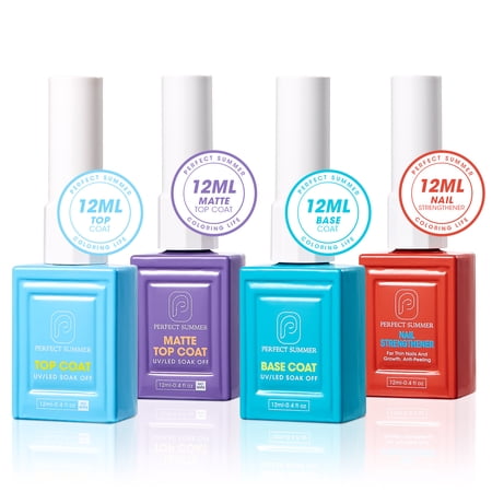 Perfect Summer Gel Top Coat and Base Coat Nail Polish with Nail Strengthener Gel Set, No Wipe UV LED Soak Off Nail Gel Polish, Shiny Glossy Clear Matte Finish, Top Coat Base Coat Manicure