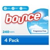 (4 pack) Bounce Dryer Sheets, Free & Gentle, Unscented, 240 Count