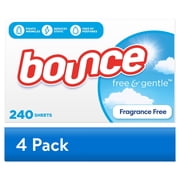 (4 pack) Bounce Dryer Sheets, Free & Gentle, Unscented, 240 Count