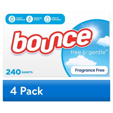 (4 pack) Bounce Dryer Sheets, Free & Gentle, Unscented, 240 Count