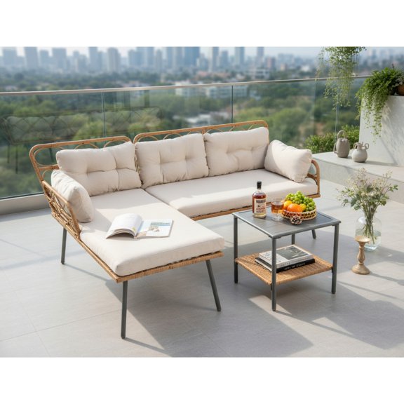 YYAo Patio Seating Sets,Outdoor Living Room Sets,3 Pieces Corner Patio Furniture with Small Coffee Table-Beige