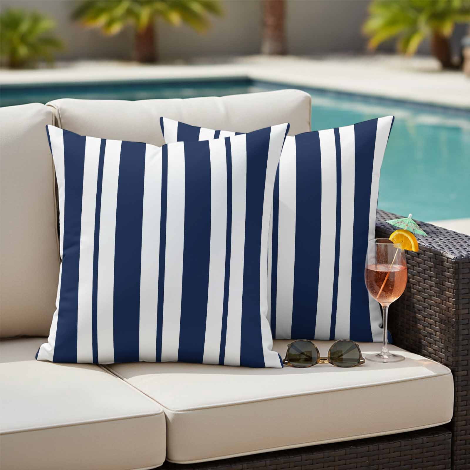 Waterproof Throw Pillow Covers 16x16 Set of 2, Navy Blue Stripes Summer Nautical Outdoor Pillowcases with Invisible Zipper, Modern Minimalist Art Decorative Cushion Covers for Patio Garden Sofa Couch