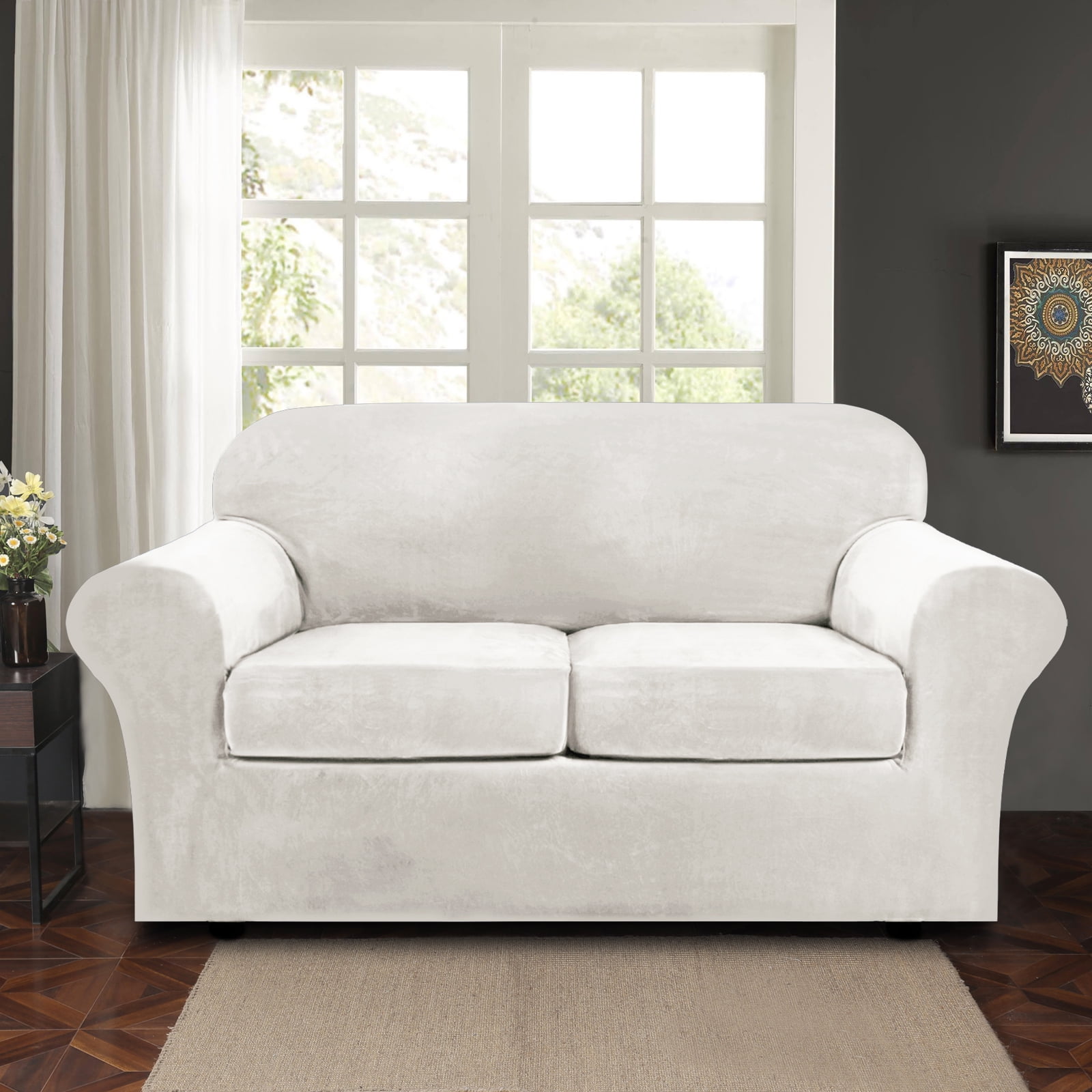 CJC Velvet Plush Sofa Covers Stretch Couch Covers with Separate Cushion Cover (White, Armchair)