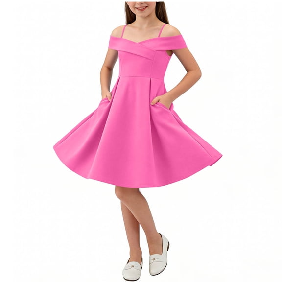 Efsteb Girls Off-the-Shoulder Swing Dress with Pockets Kids Sleeveless Formal A-Line Party Dress for Weddings (Hot Pink,8-9 Years)
