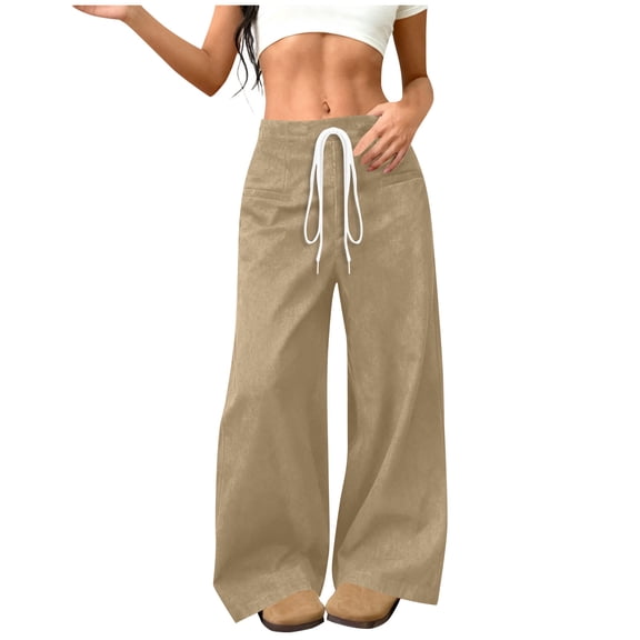 Lenpel Women's Wide Leg Pants Fleece Warm Elastic High Waisted Drawstring Palazzo Pants Baggy Casual Trousers(Khaki,X-Large)