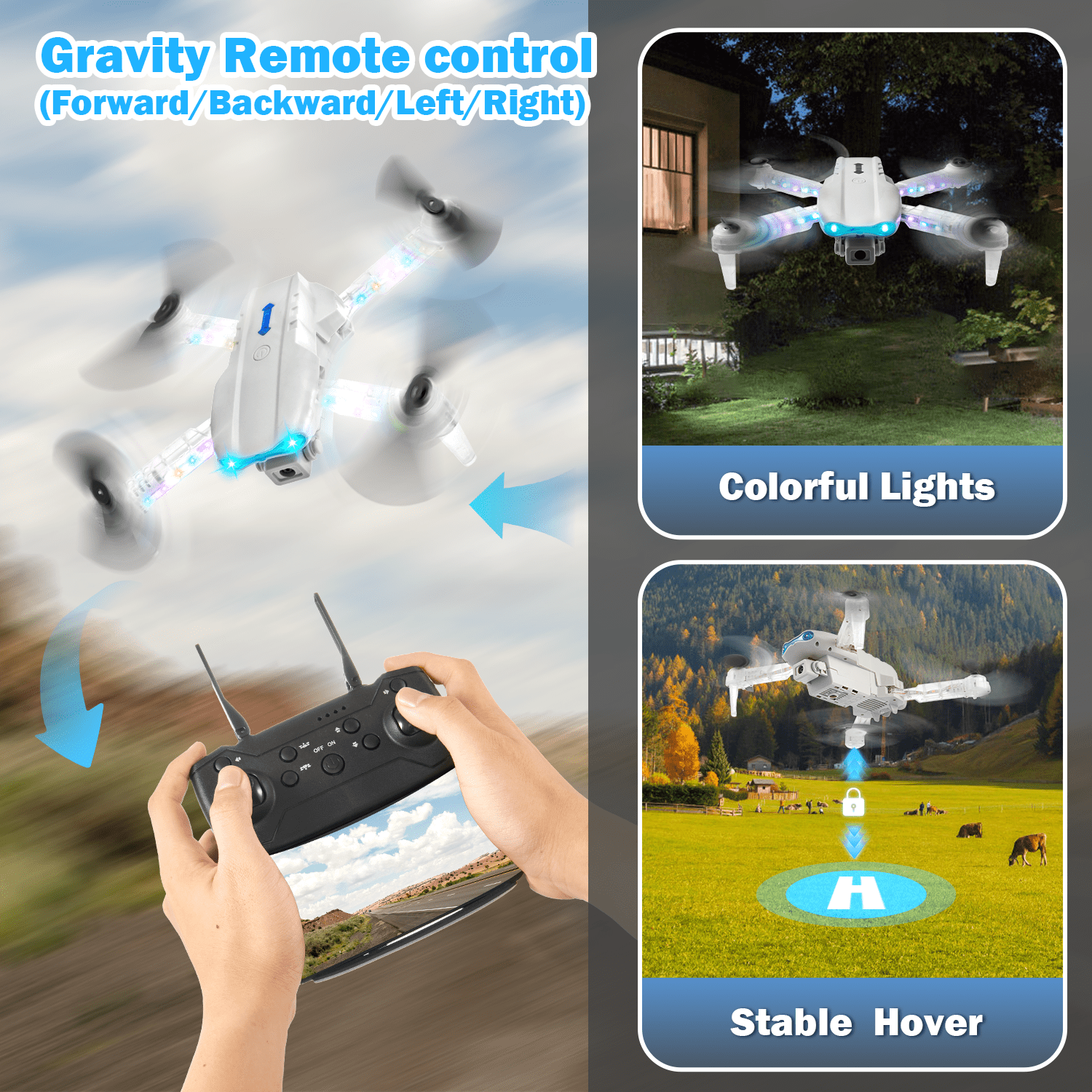 Drone with HD Camera for Adults Kids, WIFI FPV RC Quadcopter with Colorful LED Lights, Foldable RC Drone with 3 Batteries, Carrying Case