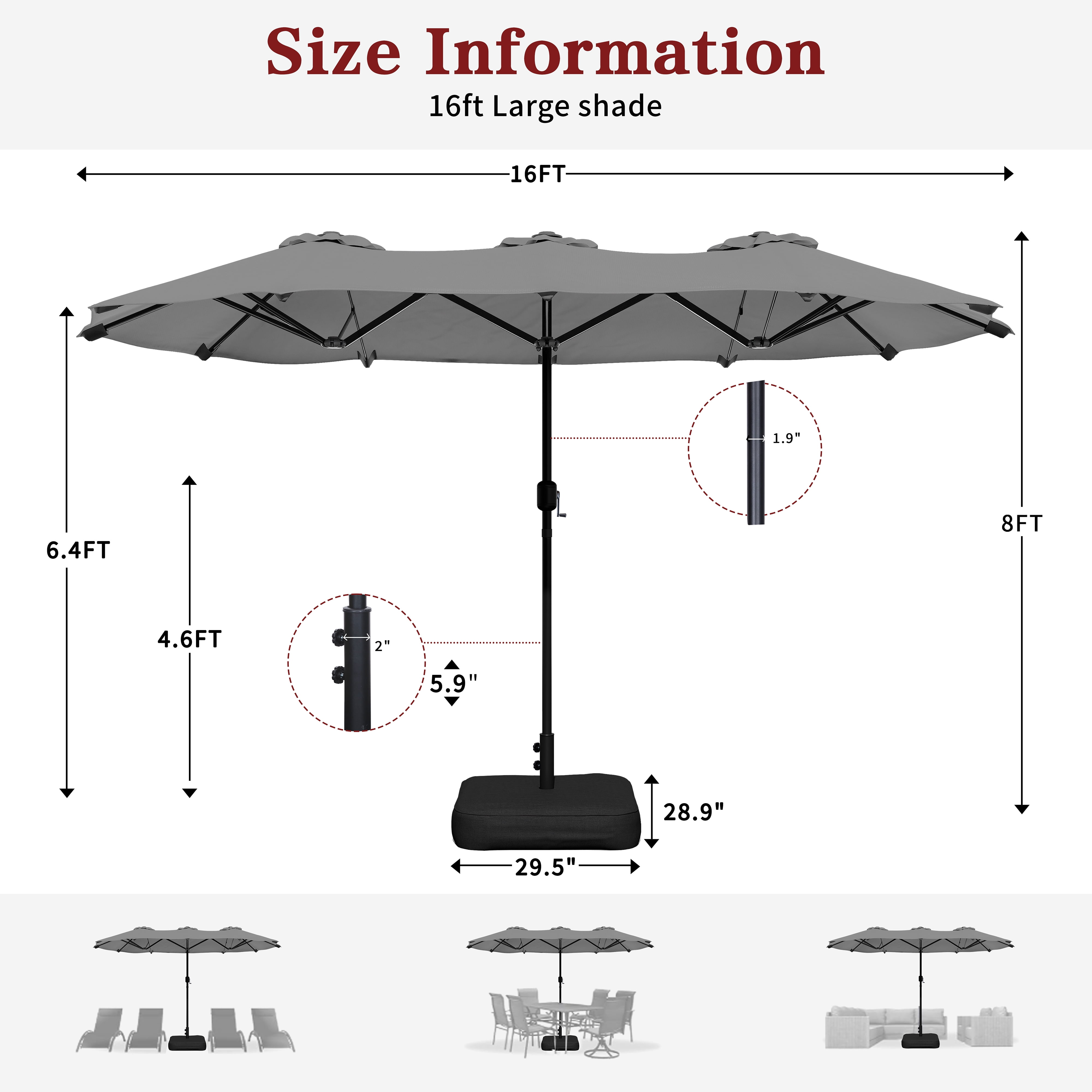 Walsunny 16 FT Large Outdoor Patio Umbrella with Base Included, Double-Sided Rectangular Umbrella with Crank Handle for Outside, Gray