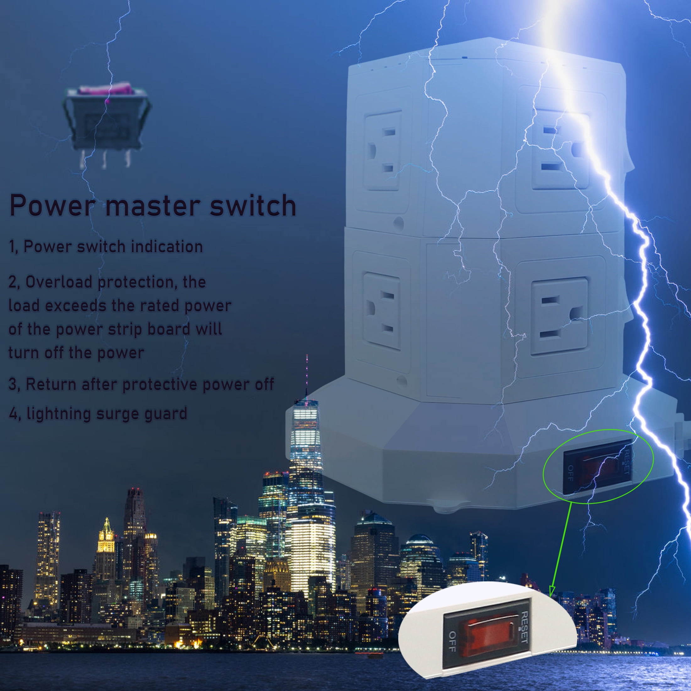 Powerjc Tower Power Strip Surge Protector Socket 8 AC Outlets with 6 Usb ports Chargers 118.1 Inches Long Extension Cord Indoor White