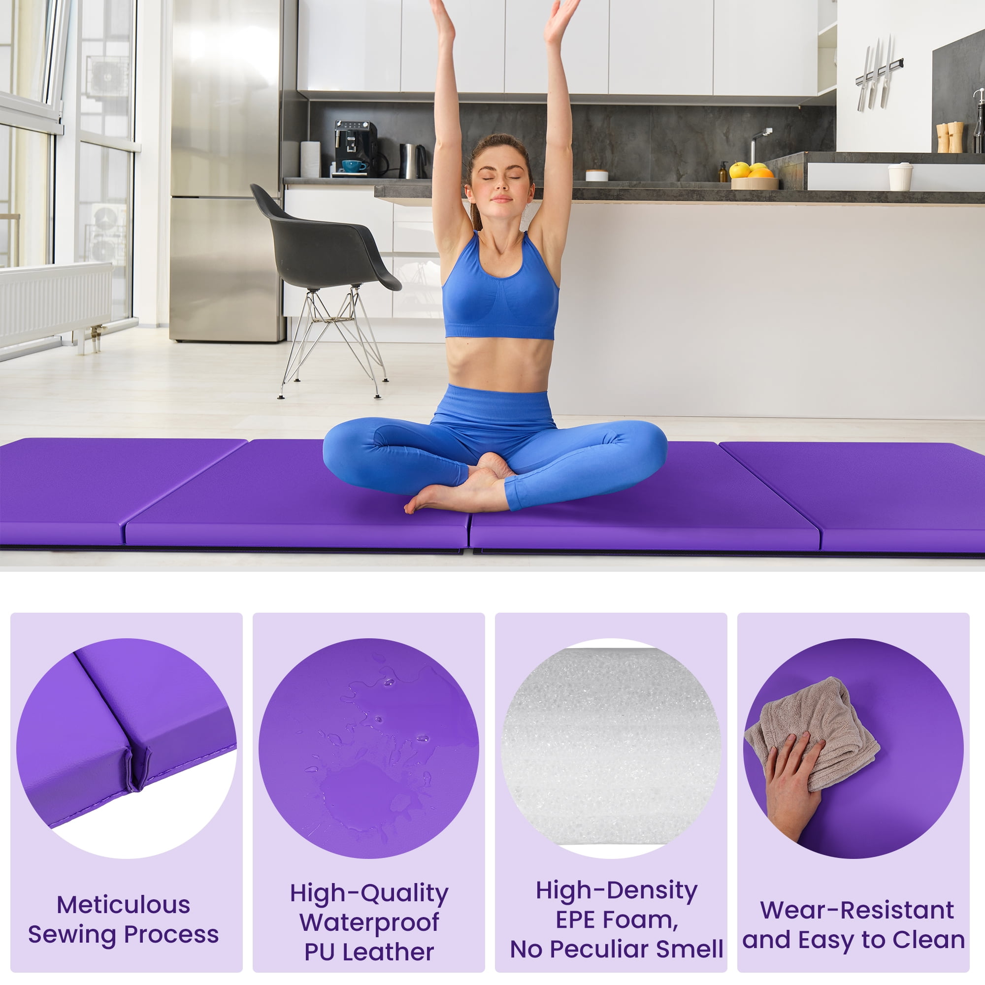 BalanceFrom Folding Exercise Mat, 10ft x 4ft Four Fold Exercise Mat with Carrying Handles for Yoga, MMA, Gymnastics and Home Gym Protective Flooring, 2-inch Thick, Purple