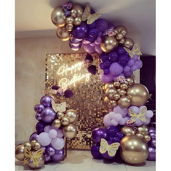 Purple Balloon Garland Kit With Butterfly Dark And Gold Arch Lavender Light Decoration For Baby Girl Princess Party Birthday