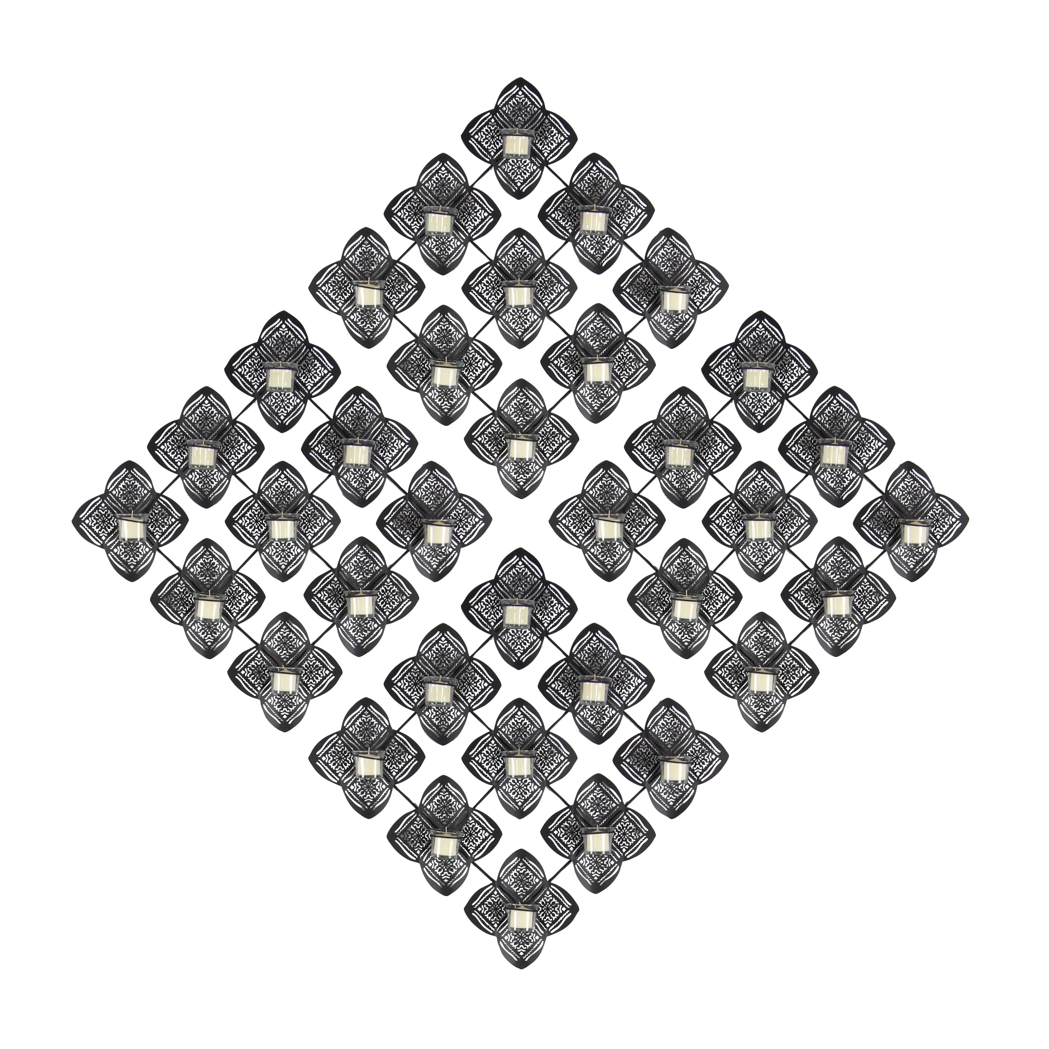 Decmode Set of 4 eclectic 29 inch square iron floral pane votive candle holders, Black