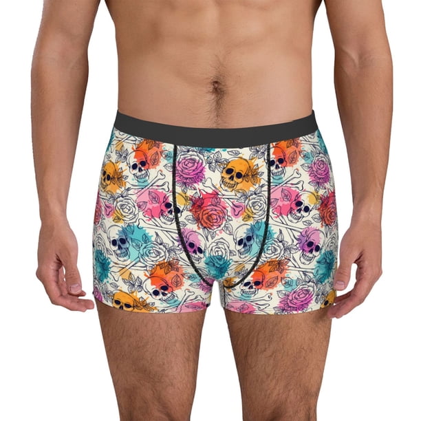 Balery Skulls and Roses Calzoncillos bóxer para hombre, ropa interior de algodón suave y transpirable con cinturilla de nailon-Small