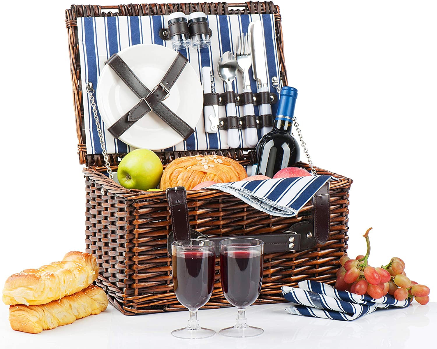  Picnic Basket Set - 2 Person Picnic Hamper Set - Waterproof  Picnic Blanket Ceramic Plates Metal Flatware Wine Glasses S/P Shakers  Bottle Opener Blue Checked Pattern Lining Picnic Set