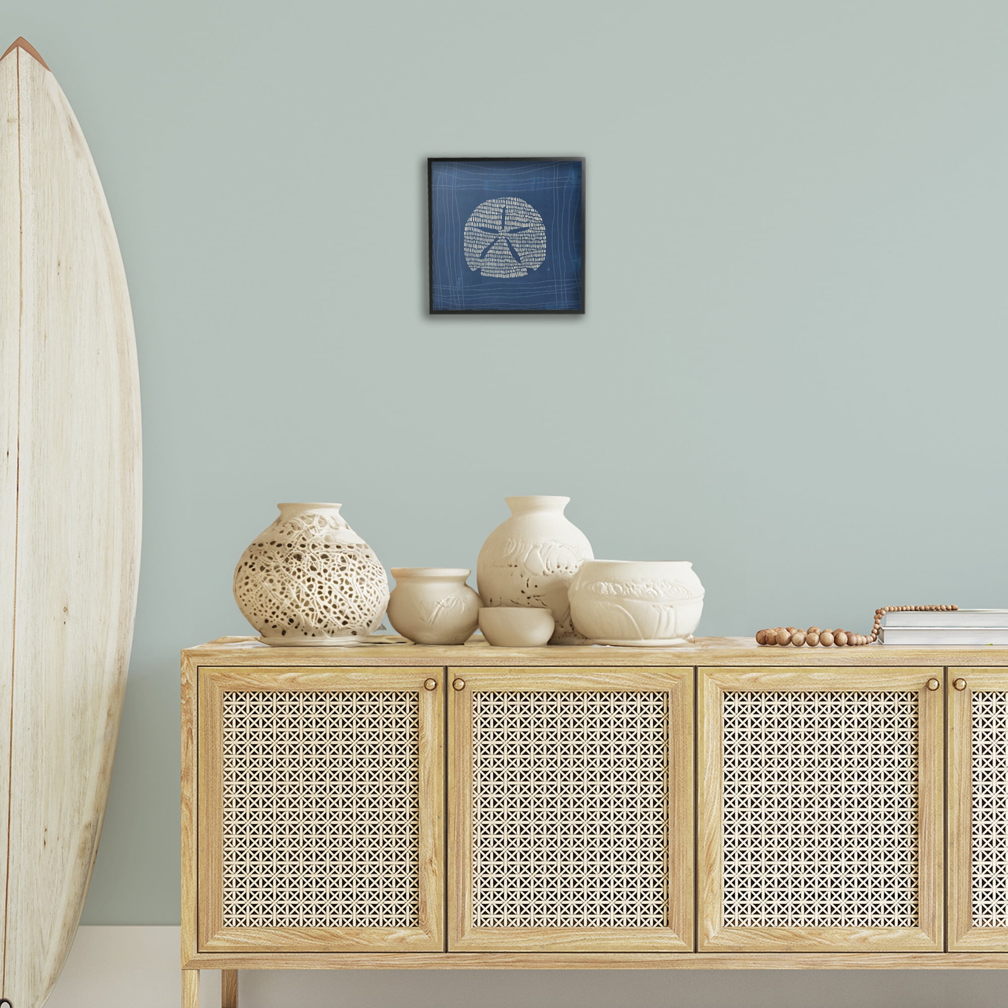Stupell Industries Sand Dollar on Blue Coastal Painting Black Framed Art Print Wall Art, 12 x 12