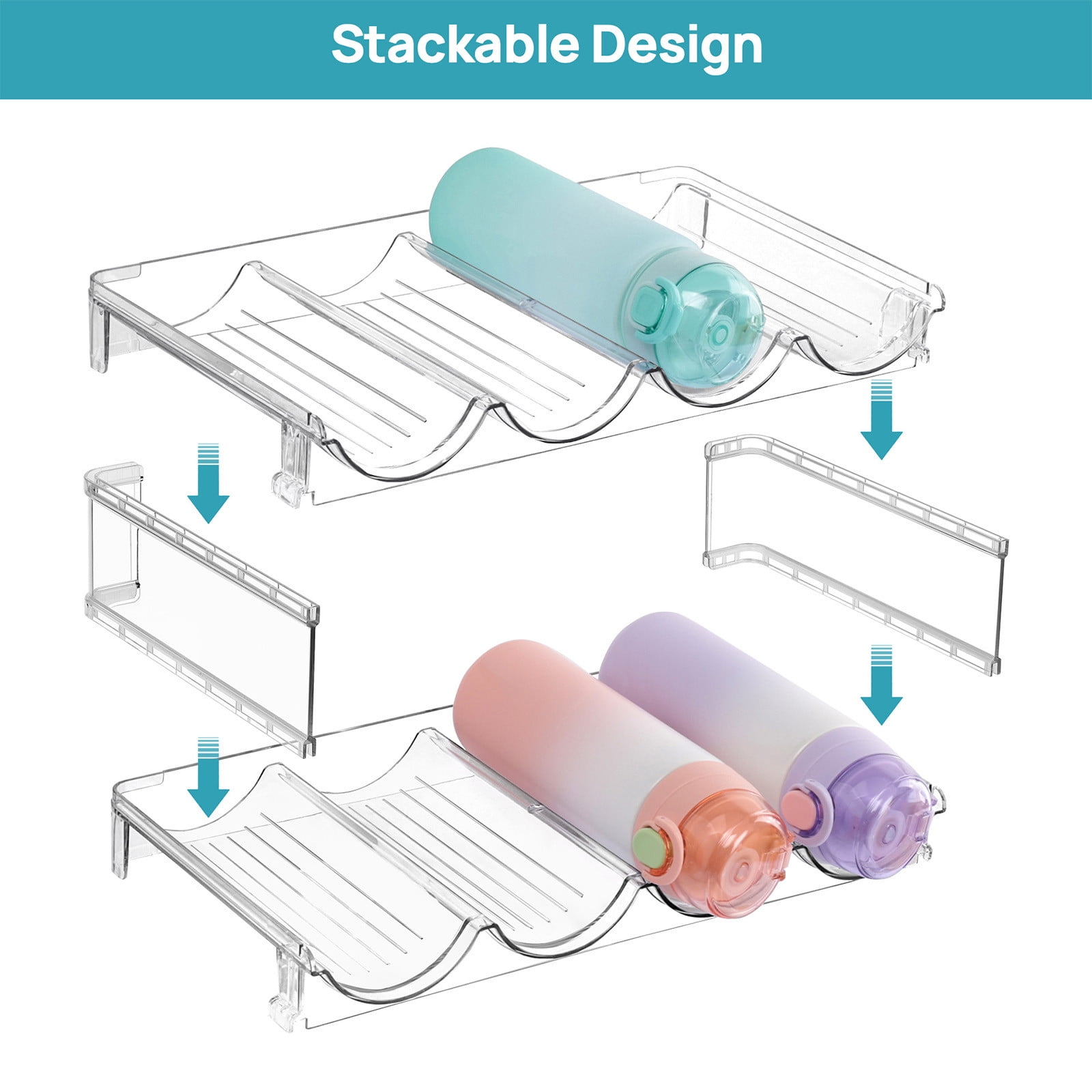 COM1950s 4-Tier Stackable Water Bottle Organizer, Clear Plastic Storage Rack for Wine and Beverage Bottles, Space Saving Kitchen Counter or Fridge Shelf
