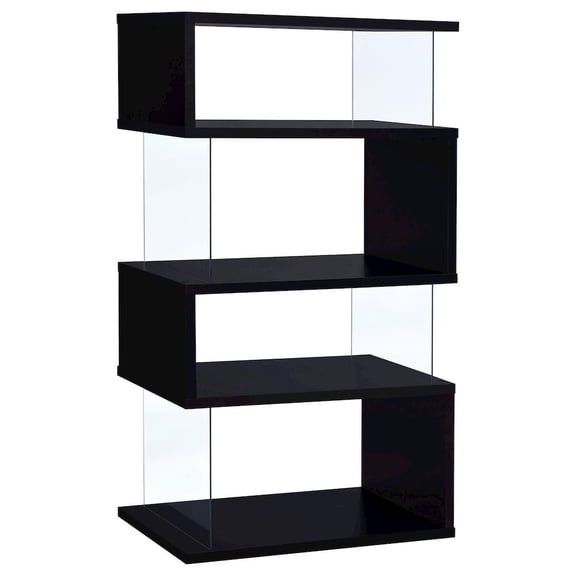 FurniFact Modern 4-Shelf Bookshelf 63-Inch, Glass Panels, Black Finish