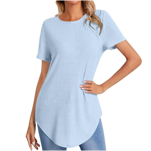 Dianli Womens Tops Dressy Casual Plus Size Irregular Hem Knitted Ribbed Tunic Tops Short Sleeve Round Neck Shirts Solid Summer Blouse Blue s
