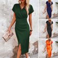 thumbnail image 2 of Quixlent Women's Bodycon Midi Dress Short Sleeve V Neck Ruched Cocktail Party Dress Formal Slit Office Work Business Outfit, 2 of 8