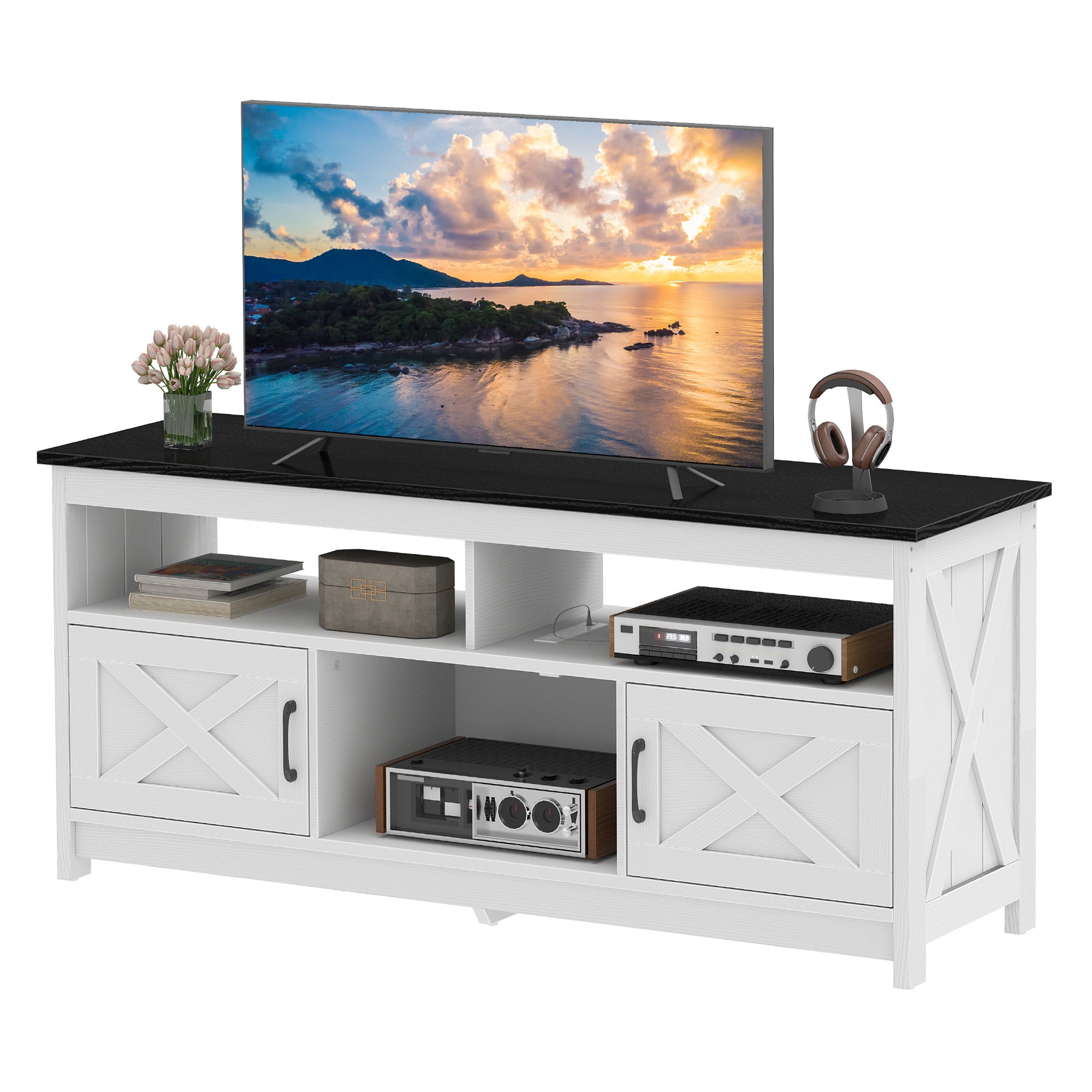 Uforic 59" Farmhouse TV Stand for 55/60 Inch TV with Power Outlet,Entertainment Center TV Console with Door, White & Black