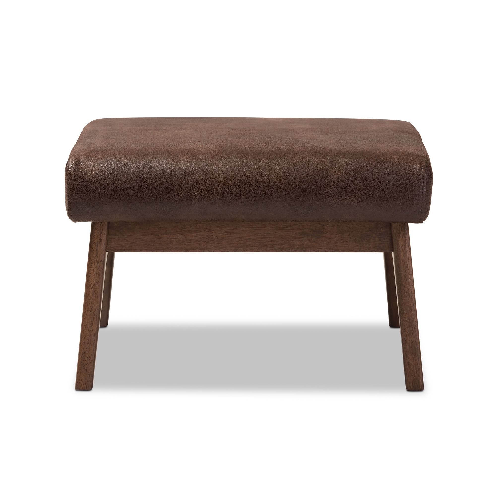 Bakari Mid-Century Modern Walnut Wood Dark Brown Distressed Faux Leather Ottoman by Bellamy Studios