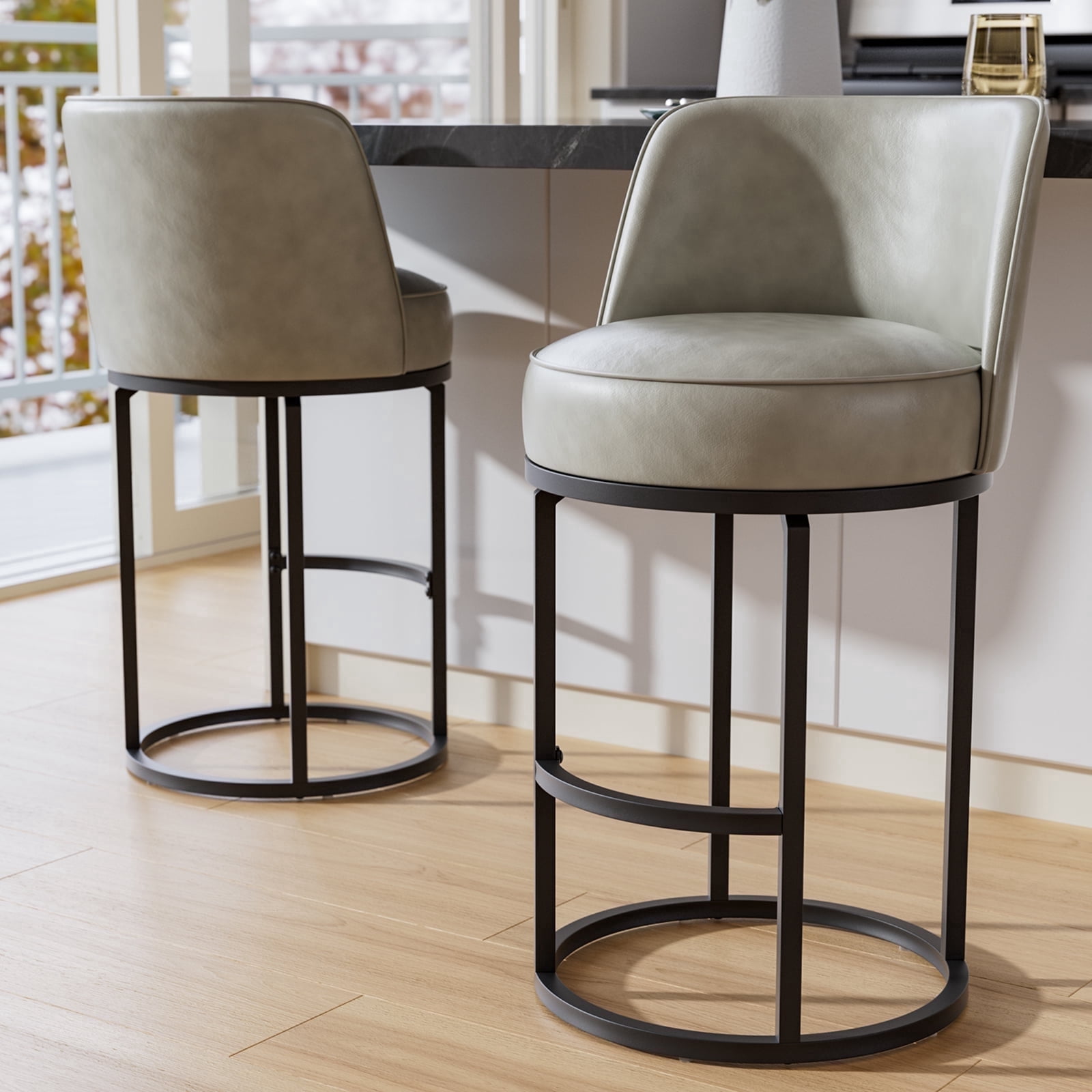 Genpo Bar Stools Set of 2, 26 inch Counter Height Bar Stools, Swivel Gray Leather Barstools with Backs, Round Base, Footrest, Metal Legs for Kitchen Island