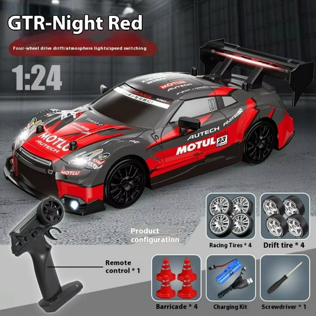 AIGIA 1:24 Scale RC Drift Car 4WD 2.4GHz 30KM/H High Speed Racing Sport Toy Car with LED Lights Racing and Drift Wheels(1/2 Pack)