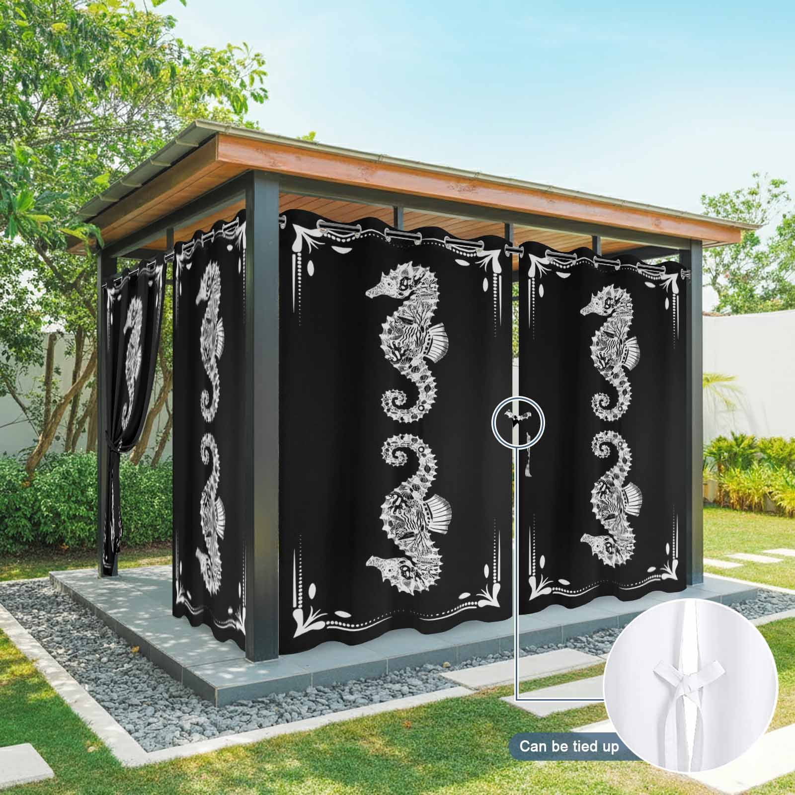 White Seahorse Outdoor Curtains for Patio, Retro Marine Life Black Background Sunshade Privacy Drapes Grommet Waterproof Outside Curtains for Porch/Cabana/Balcony 54"x 108", 1 Panel