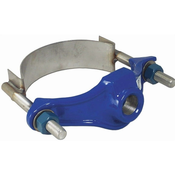 Smith-Blair Ductile Iron with Stainless Steel 304 Straps Repair Clamp, Service Saddle, Stainless Steel Bolt, 2 Bolts, 4" Pipe Size, 1-1/2" CC Outlet