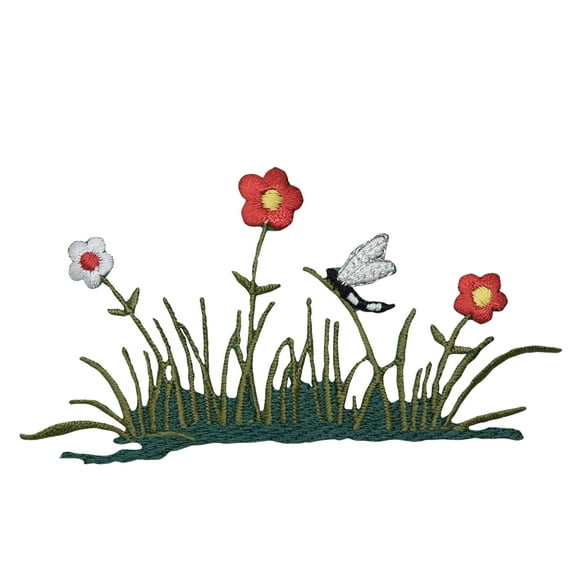 Grass - Red/White Flowers - Dragonfly - Iron on Applique/Embroidered Patch