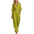 thumbnail image 4 of Costeam Womens Solid Wide Leg Jumpsuit V Neck Half Sleeve Cinched Waist Dual Side Hand Pockets Full Length Flowy Relaxed Fit Casual Fashion One Piece Trousers Outfit, 4 of 7