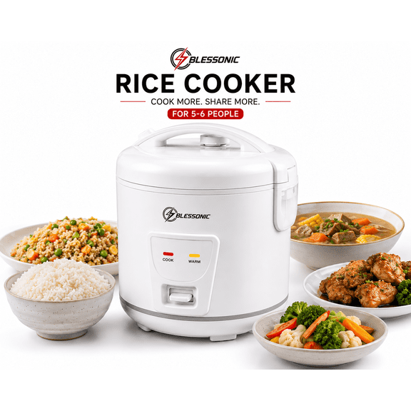 Blessonic 3L Rice Cooker with Steamer, 6-Cup Uncooked / 12-Cup Cooked Capacity, 4–6 Person Family Rice Cooker, One-Touch Cooking, Keep-Warm Function, Non-Stick Pot