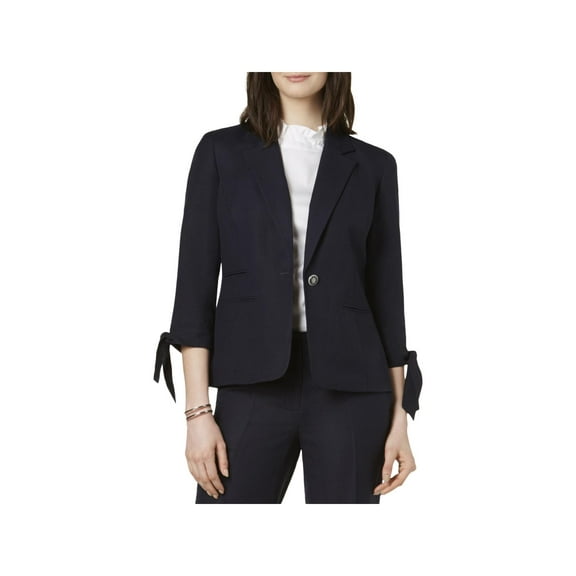 Nine West Womens Linen Tie-Sleeve One-Button Blazer Navy 10