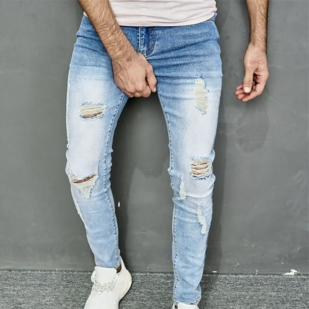 Pantalones largos para hombre, casuales, de mezclilla, de algodón, rectos, rotos, con agujeros, pantalones largos, pantalones para hombre