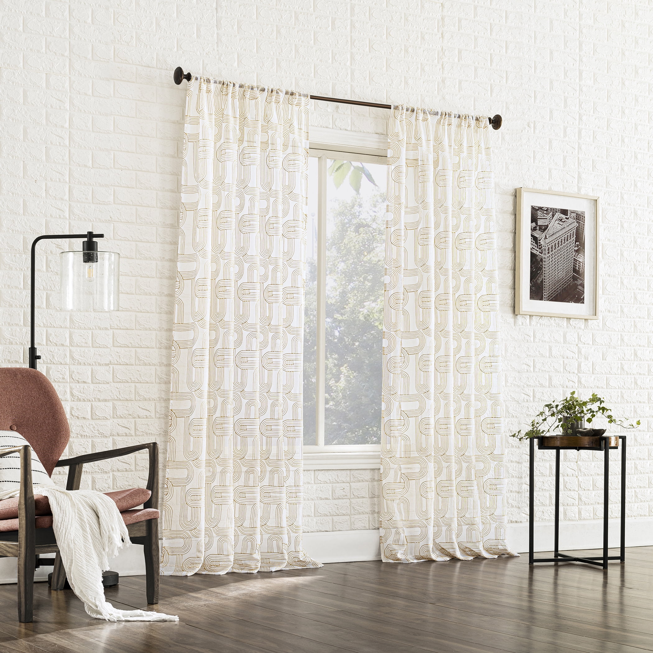 No. 918 Kaz Embroidered Retro Curves Sheer Curtain Panel, 1-Piece Rod Pocket Indoor Window Panel, 50”x63", Champagne