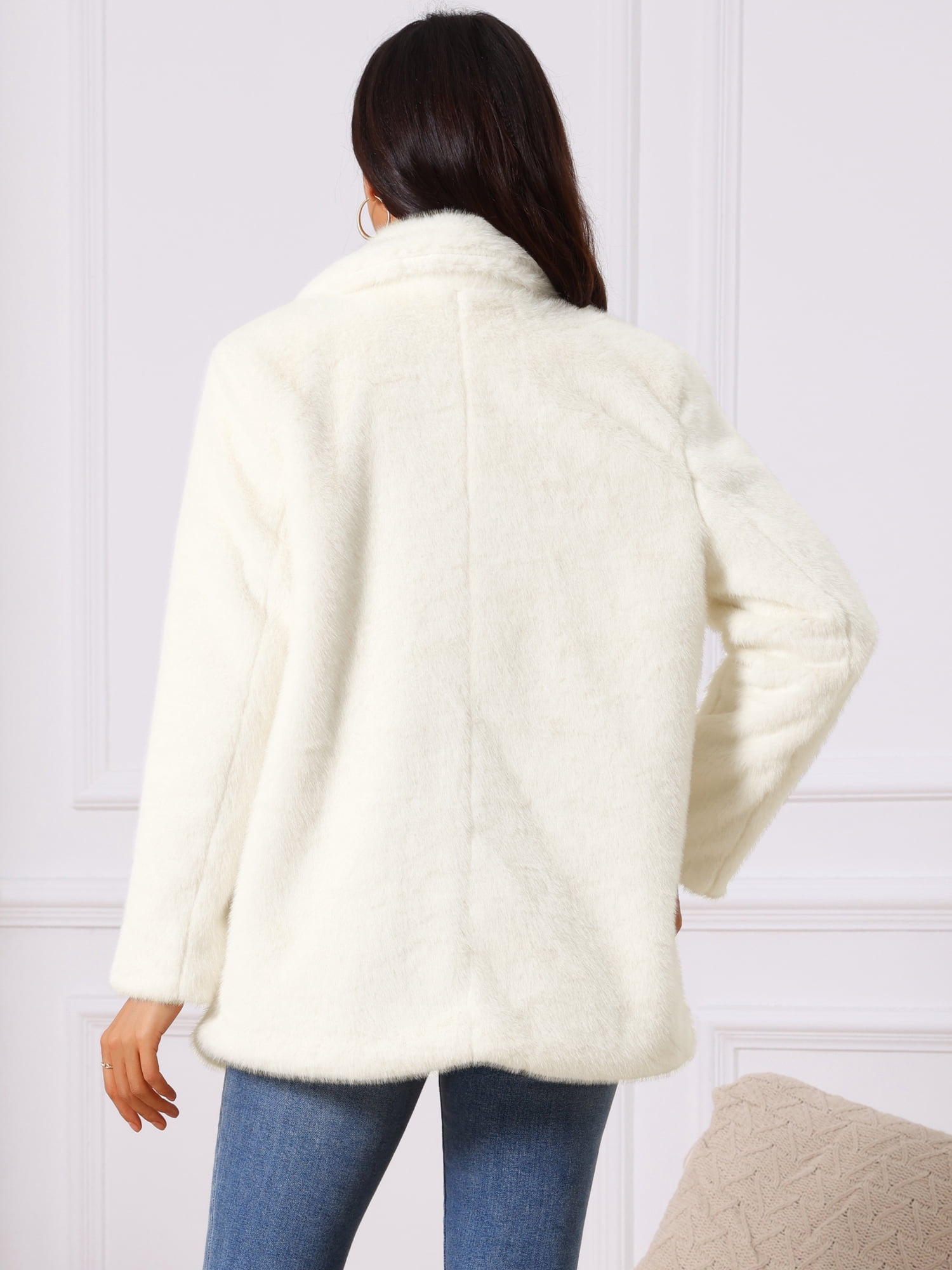 DARING DIVA Women's Faux Fur Coat Open Front Notch Lapel Jacket M Beige