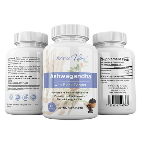 Divine Vibes Ashwagandha with Black Pepper – Natural Stress Relief, Adrenal & Energy Support – Non-GMO, Gluten-Free, 60 Veggie Capsules, Made in USA – 30 Day Supply