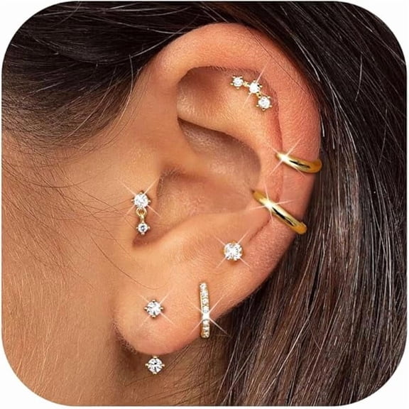 ZLCBESTEEL Small Stud Hoop Earrings for Women - 7 Pairs Hypoallergenic 14K Gold Plated Huggie Earring Sets for Multiple Piercing Dainty Earring Stacks Cute Silver Cartilage Jewelry Trendy Gifts
