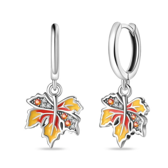 KUNSIR 925 Sterling Silver Hoop Earrings Women Orange Cubic Zirconia Earrings Drop Autumn Maple Leaf Earrings