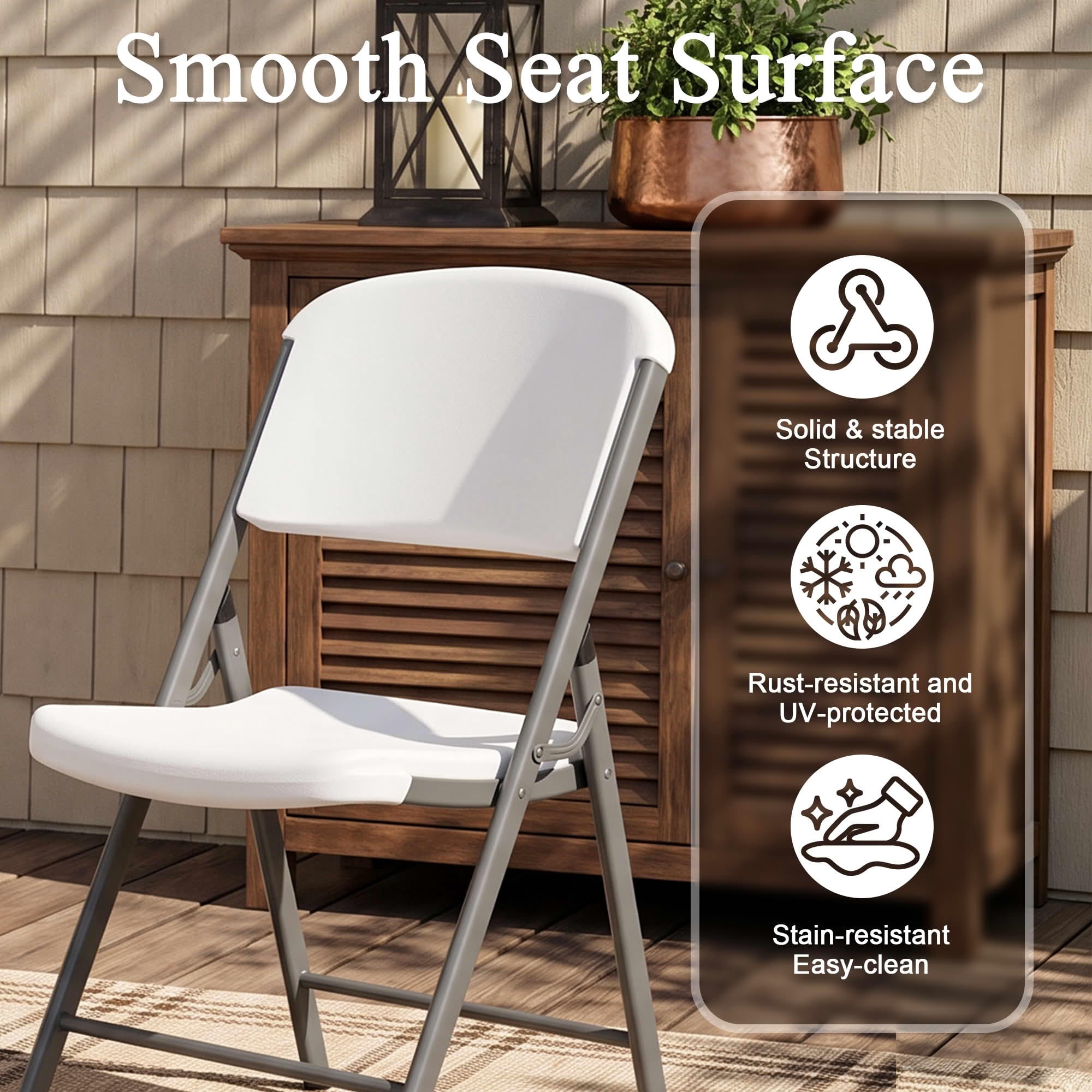 MAYEERTY 6-Piece White HDPE Folding Chairs, 600LB Capacity Powder Coated Steel Stackable UV Water Resistant Outdoor Event Chairs