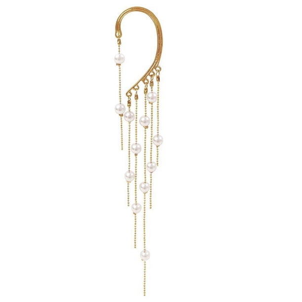 1pc Pendientes de clip de borla de perlas Clip de oreja sin perforaciones de moda para mujeres Dorado